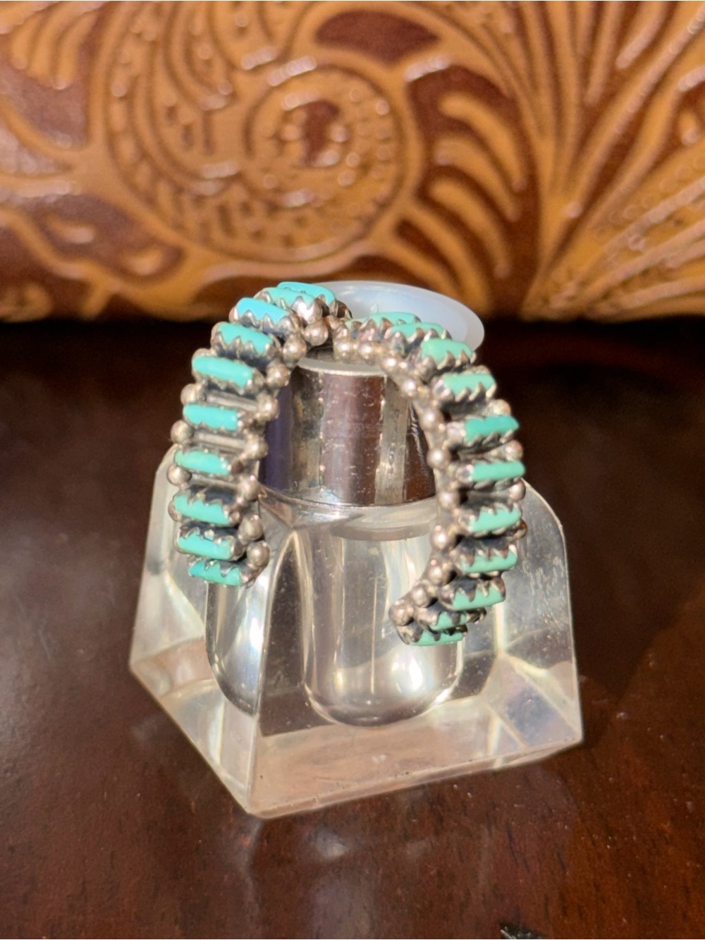 Vintage Quam Zuni Sterling Silver Turquoise Moon Hoop Cluster Earrings - Picture 7 of 7